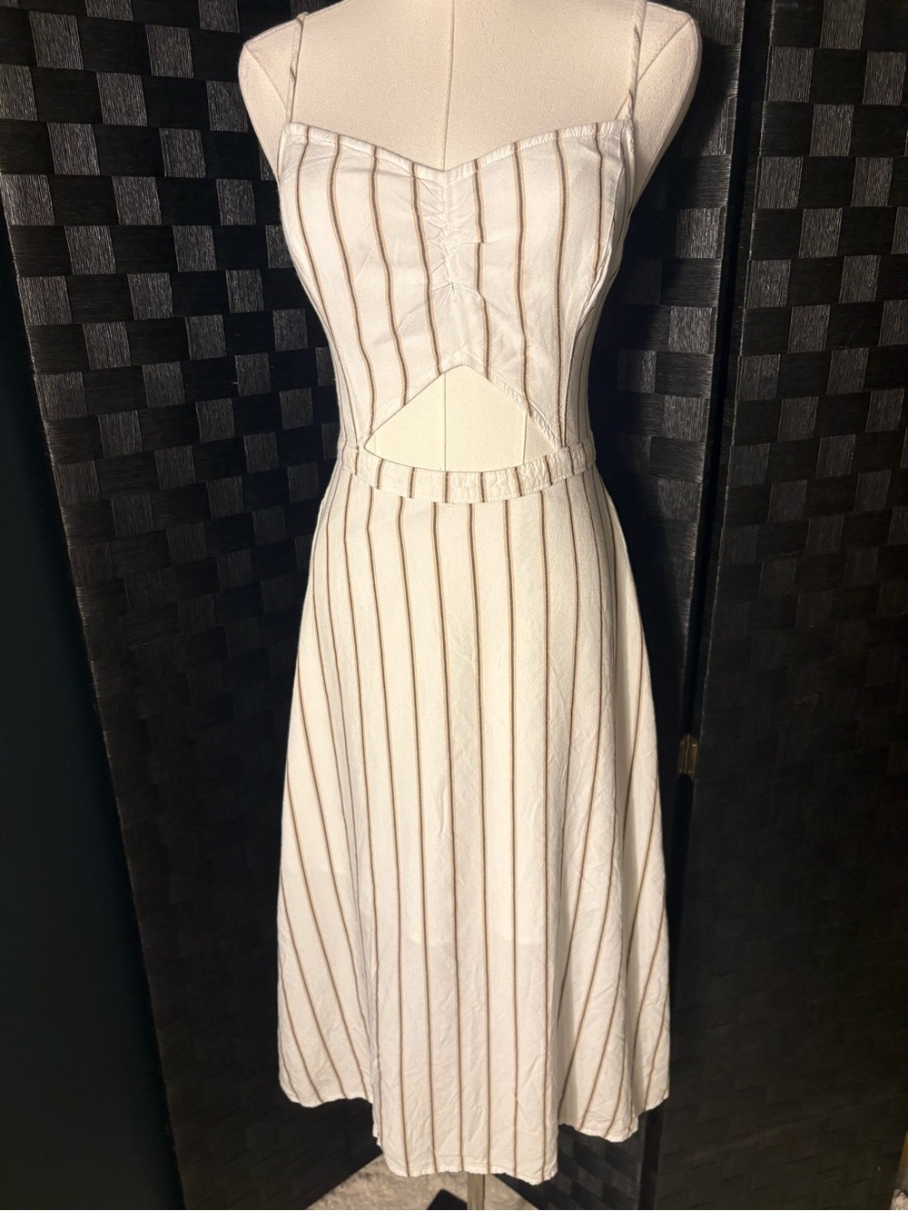 Hollister Striped Cutout Midi Dress White Brown Smocked Back V-Neck M